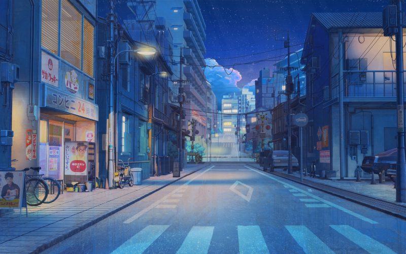 Hình nền anime thành phố về đêm cho máy tính