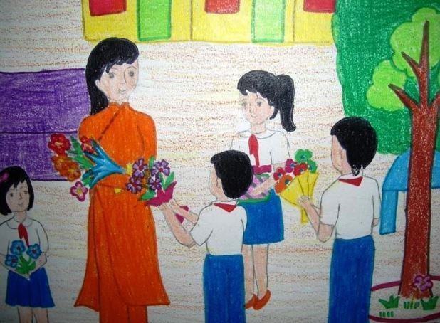 vẽ bức tranh 8 3 học sinh tặng hoa cho cô