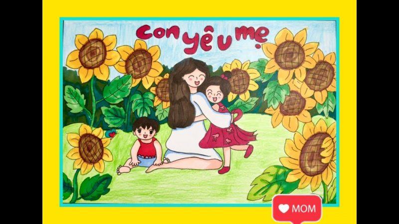 vẽ 8 3 phụ nữ và trẻ em chơi trên cánh đồng hoa hướng dương