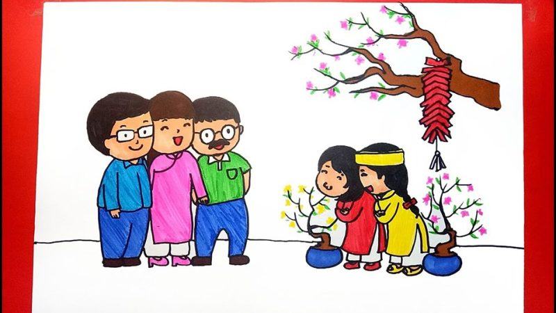 vẽ trẻ em chúc mừng năm mới cung kính chắp tay chào người lớn