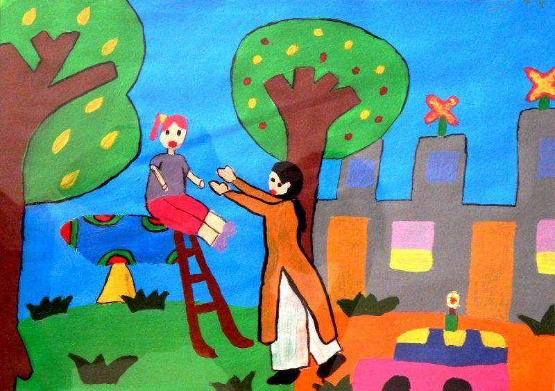 Vẽ tranh chủ đề công viên cây xanh, trường em có cô giáo và học sinh