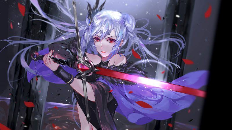 Hình nền anime girl tóc bạch kim cầm kiếm