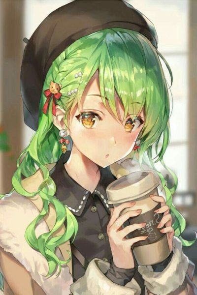 hình ảnh anime tóc xanh uống cà phê