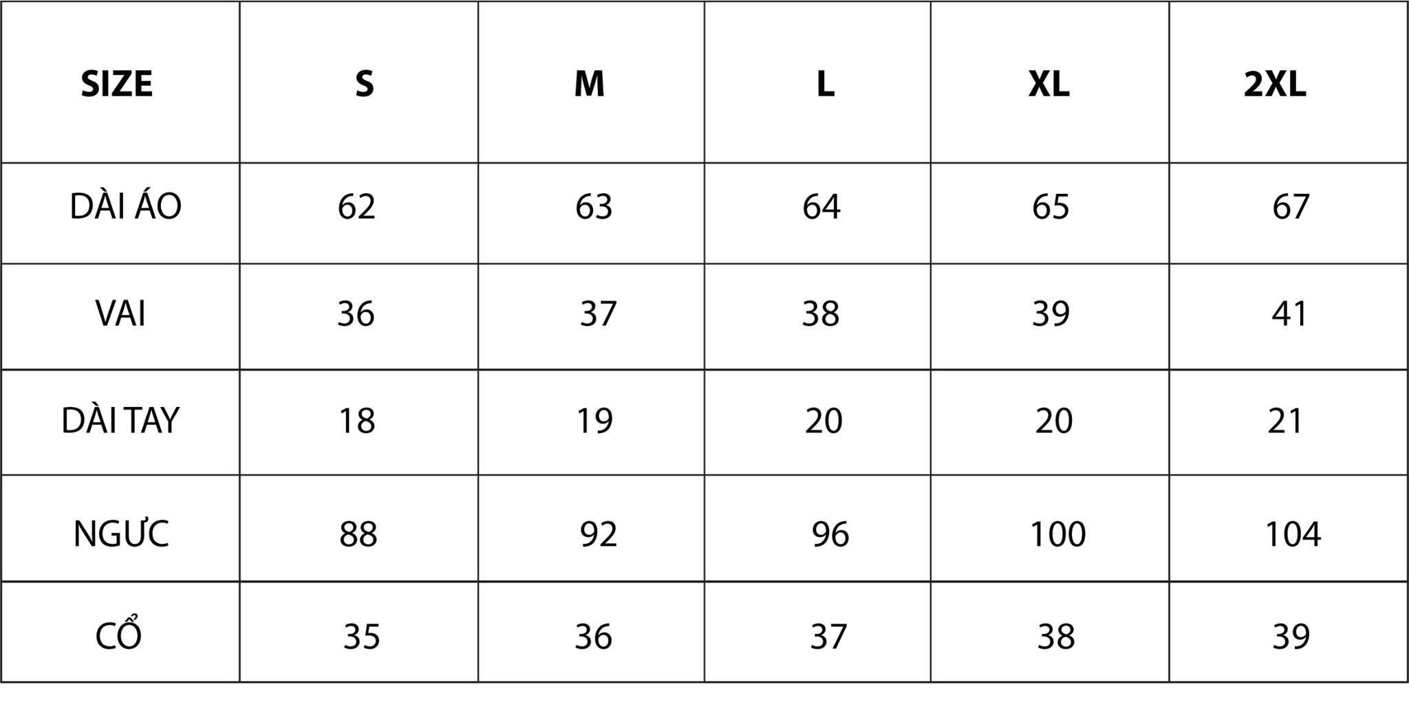 bảng size áo sơ mi nữ theo số đo
