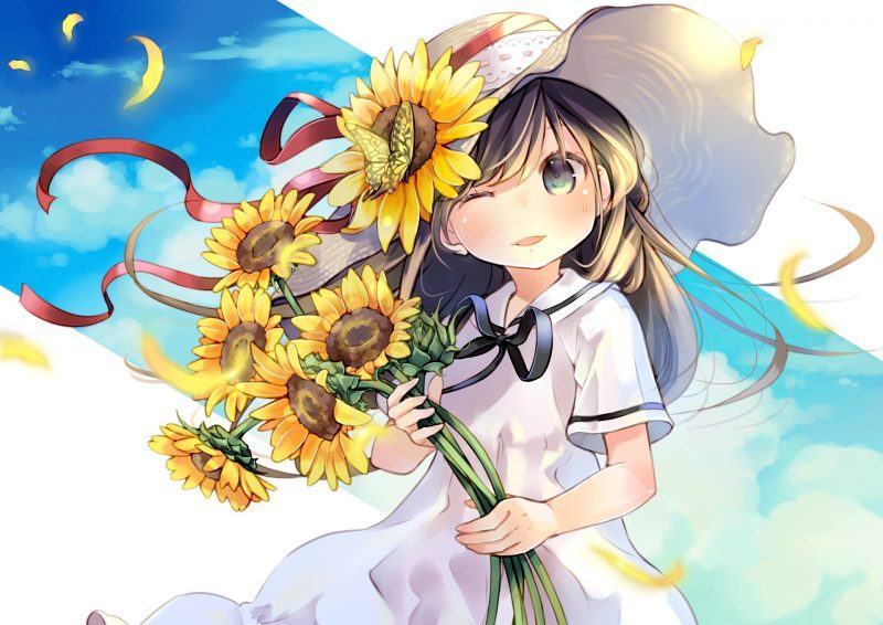Cô gái hoạt hình anime cầm hoa hướng dương