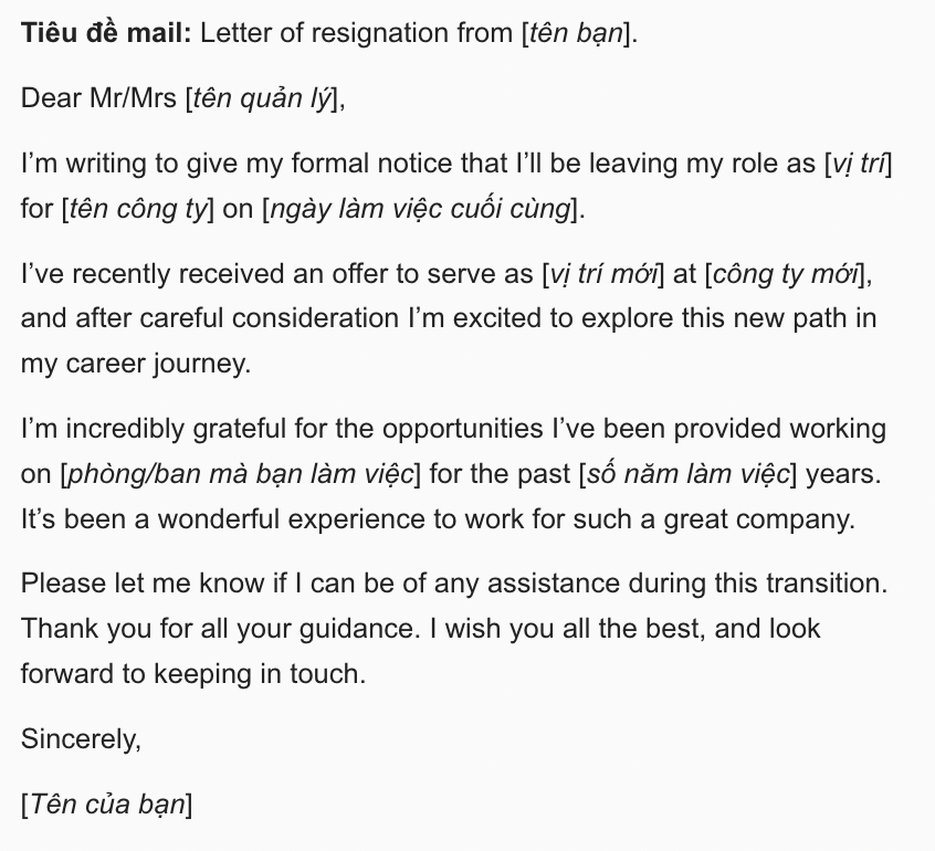 English resignation letter