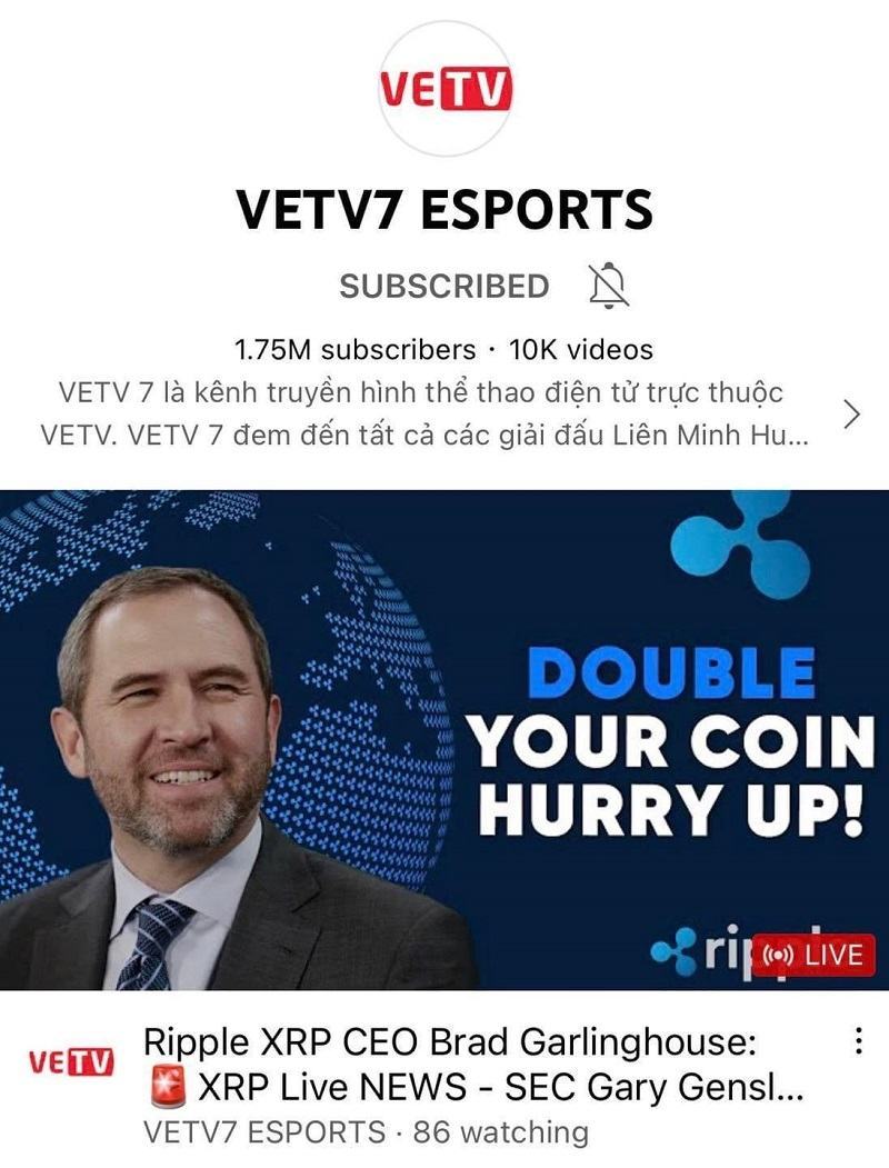Kênh VETV7 Esports bị hacker tấn công để quảng cáo tiền ảo