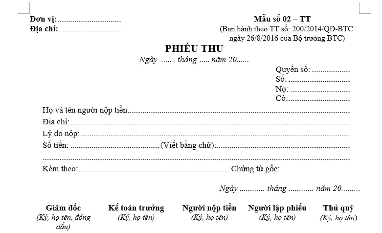 Mẫu phiếu thu 2022 mới nhất hiện nay