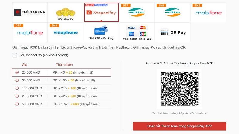 Nạp thẻ Liên Quân thông qua ví Shopee Pay