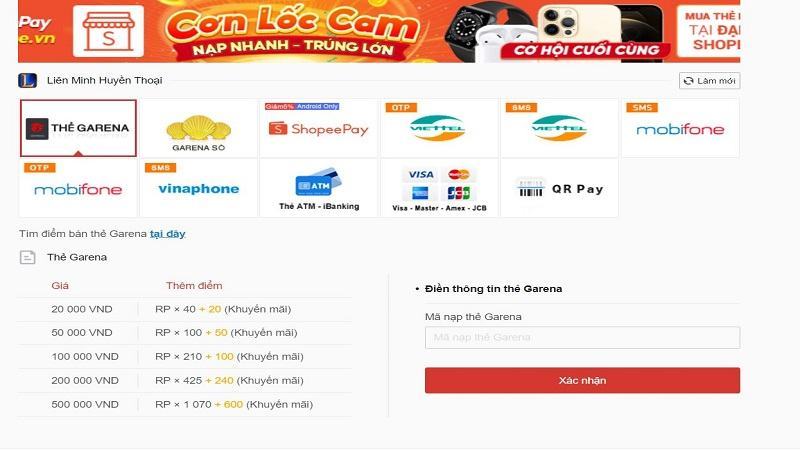 Chọn mục Thẻ Garena, nhập mã thẻ ở phía dưới và xác nhận.