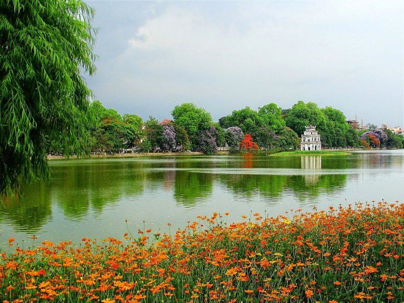 Tranh Hồ Gươm một góc vườn hoa
