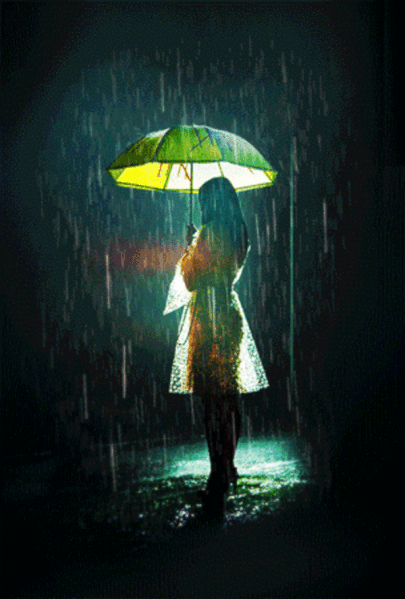 cô gái hoạt hình 3d đứng dưới cơn mưa lớn