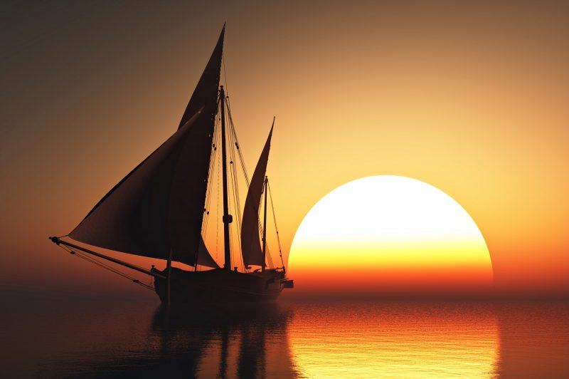 một bức tranh về mặt trời và một chiếc thuyền ra khơi