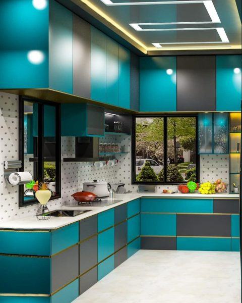 phong cách nhà bếp màu xanh