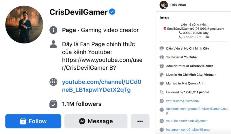 Lượt followers trên fanpage, trang cá nhân của Cris Devil Gamer - Cris Phan