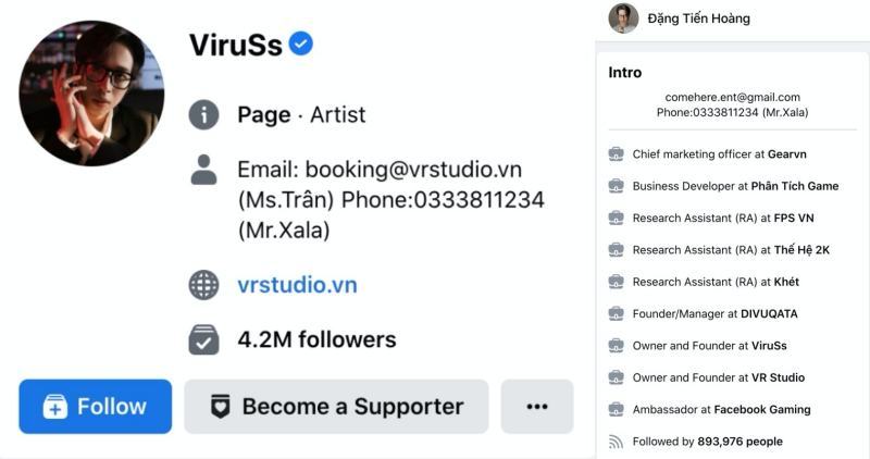 Lượt followers trên fanpage, trang cá nhân Viruss Đặng Tiến Hoàng