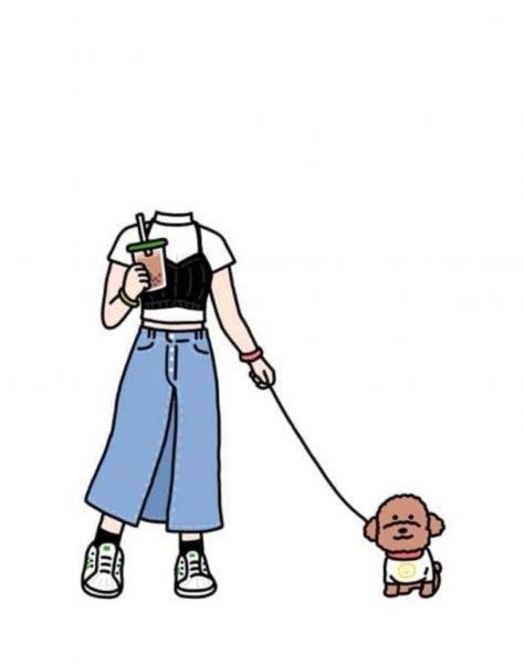Cô gái hoạt hình đi dạo cùng thú cưng của mình