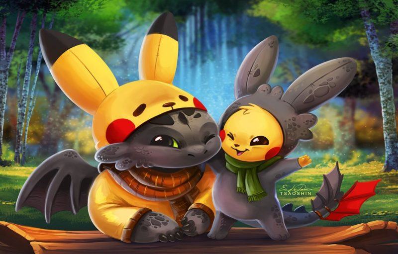 Hình ảnh chibi rồng con hóa trang thành pikachu dễ thương