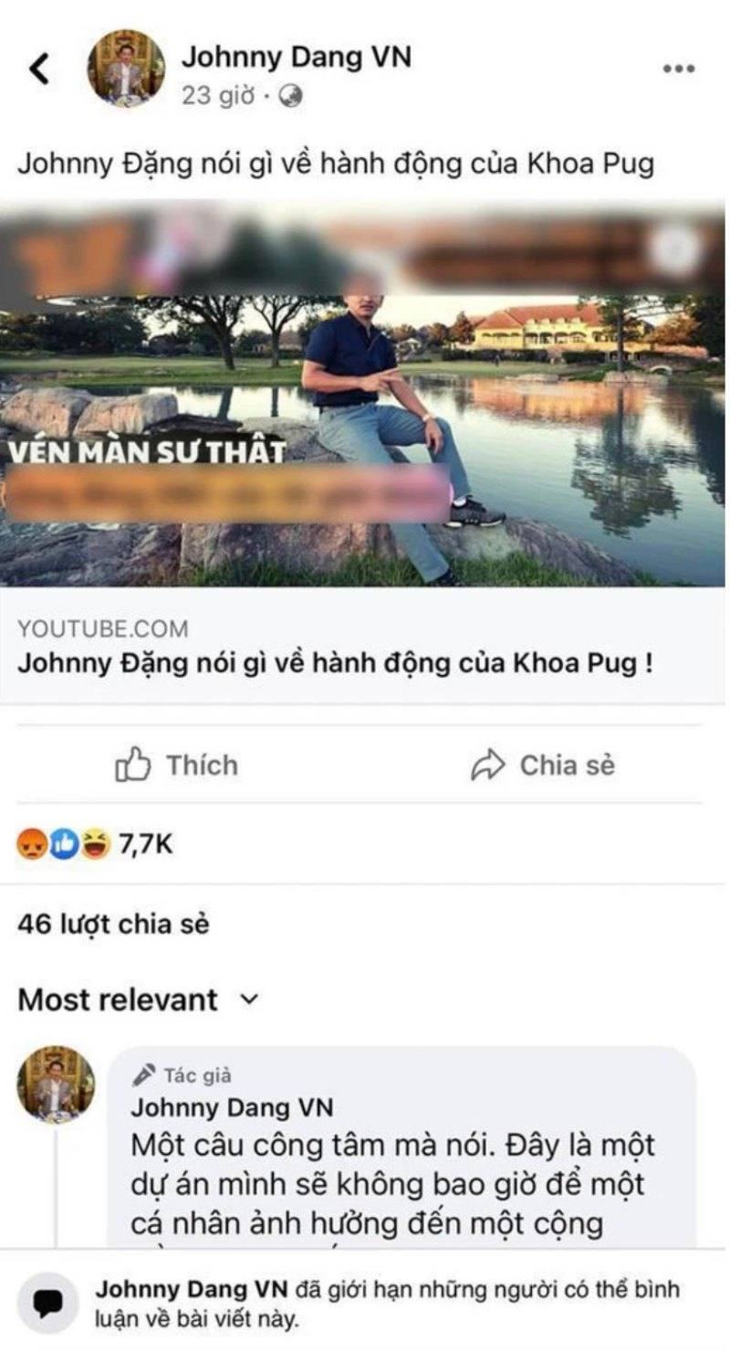 Johnny Đặng đóng bình luận trên trang của mình 