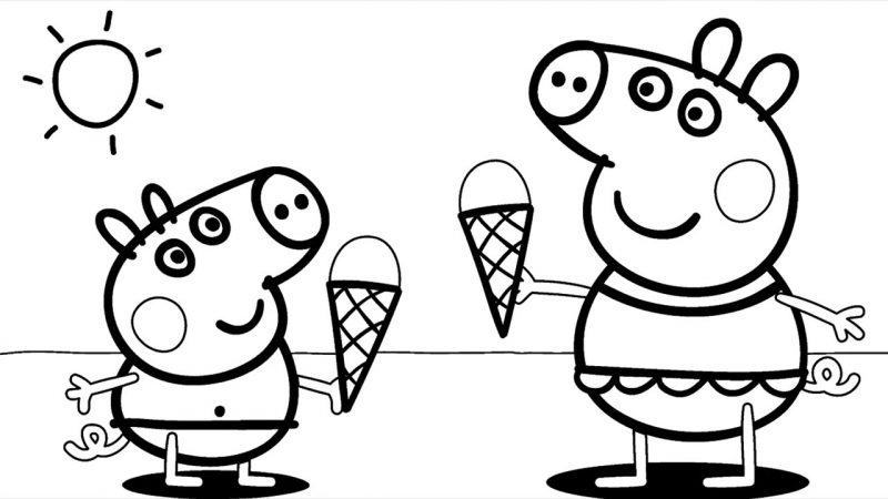 Peppa pig đang ăn kem và tranh tô màu