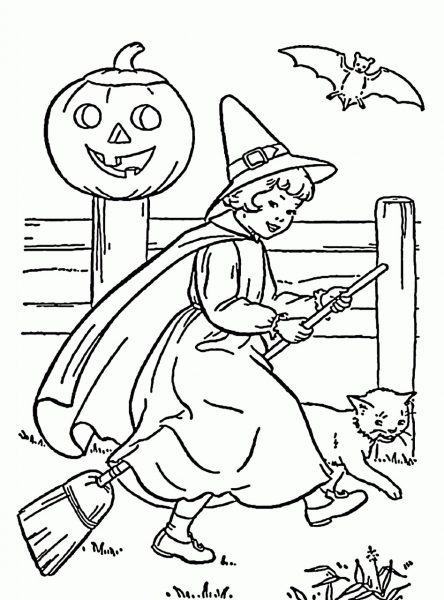 Tranh tô màu phù thủy Halloween cưỡi chổi