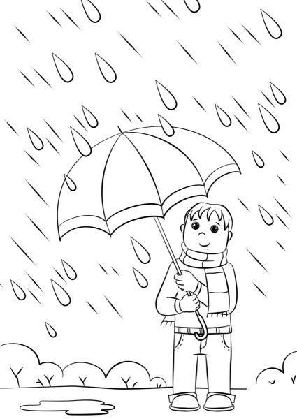Cậu bé hoạt hình với chiếc ô trong mùa đông