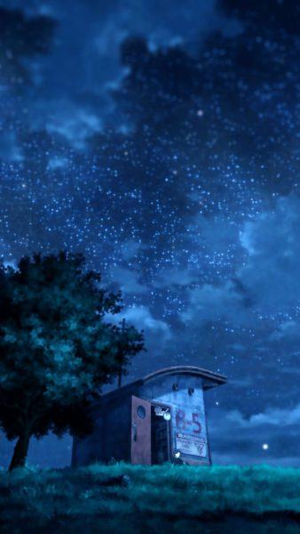 hình ảnh ngôi nhà và cây anime trên bầu trời đêm