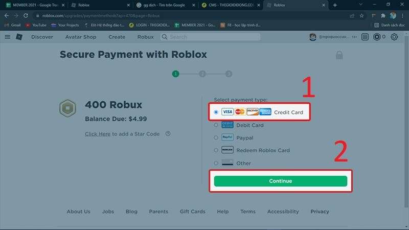 Cách tăng Robux bằng thẻ tín dụng