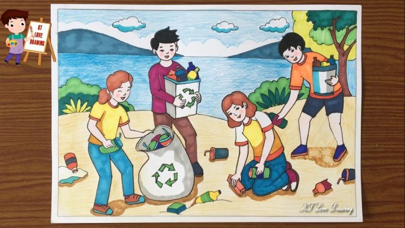 tranh vẽ tiêu dùng xanh trẻ em cùng bạn bè chung tay giữ gìn môi trường