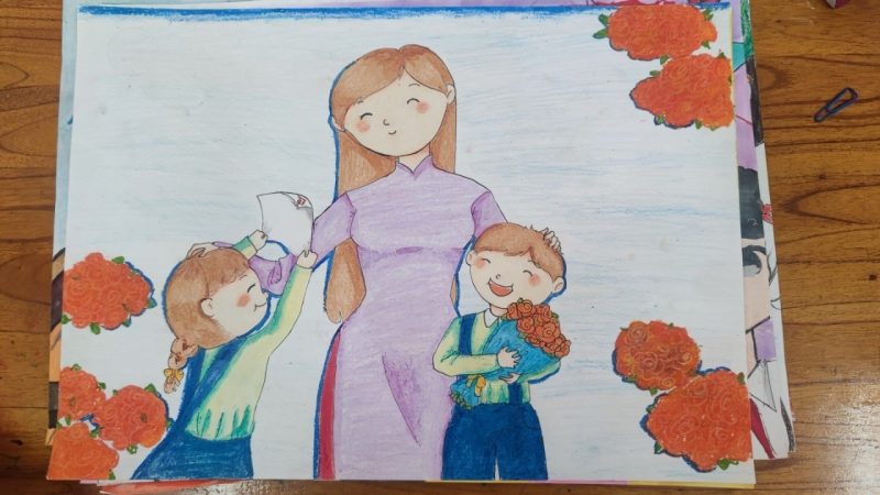 vẽ tranh chủ đề tôn sư trọng đạo vẽ cô giáo dịu dàng với học trò