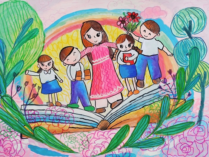 vẽ tranh tôn sư trọng đạo đẹp sáng tạo vẽ cô giáo và học sinh