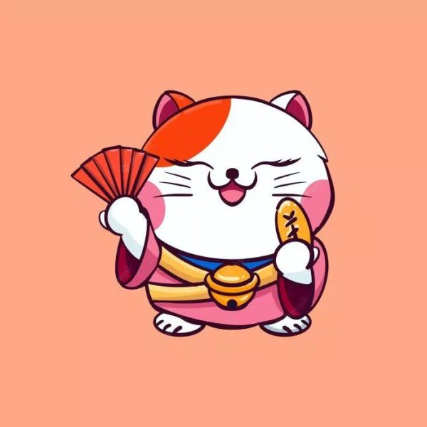 ảnh avatar mèo tết mặc kimono, tay cầm quạt