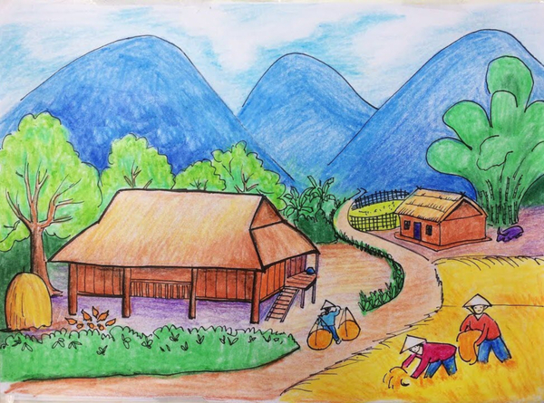 tranh vẽ lên rừng xuống biển làng quê ở miền núi