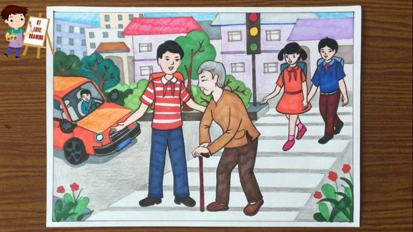 Hình ảnh trẻ em làm nghìn việc tốt giúp cụ già qua đường