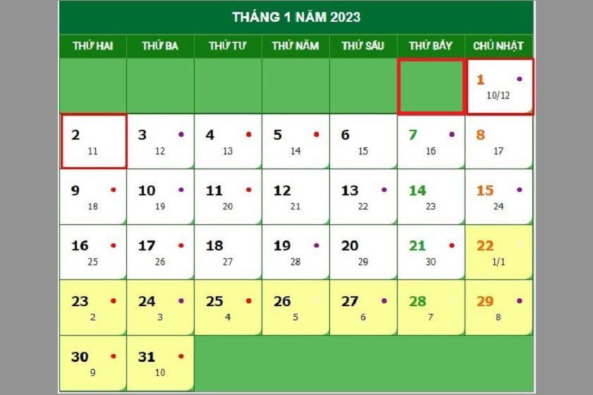 lịch nghỉ tết âm lịch 2023